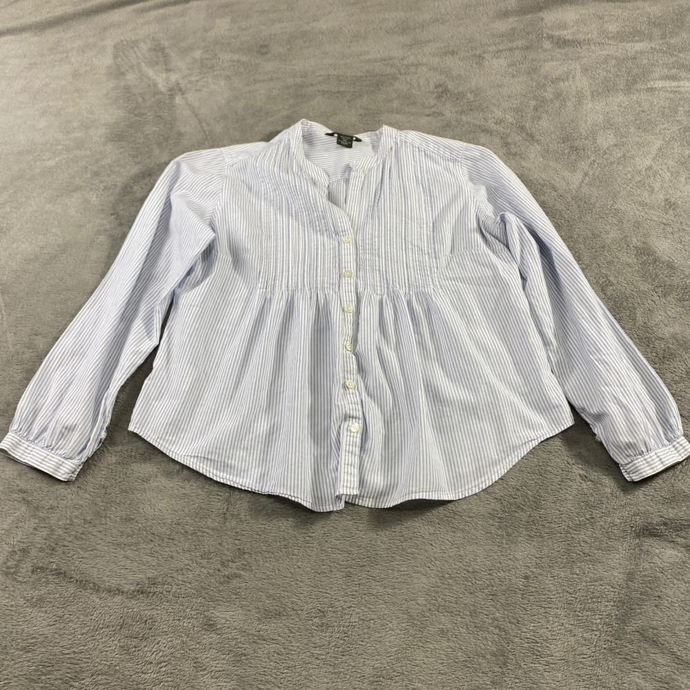 Eddie Bauer Womens Blue White Striped Pintuck Button Blouse Cotton Large Petite
